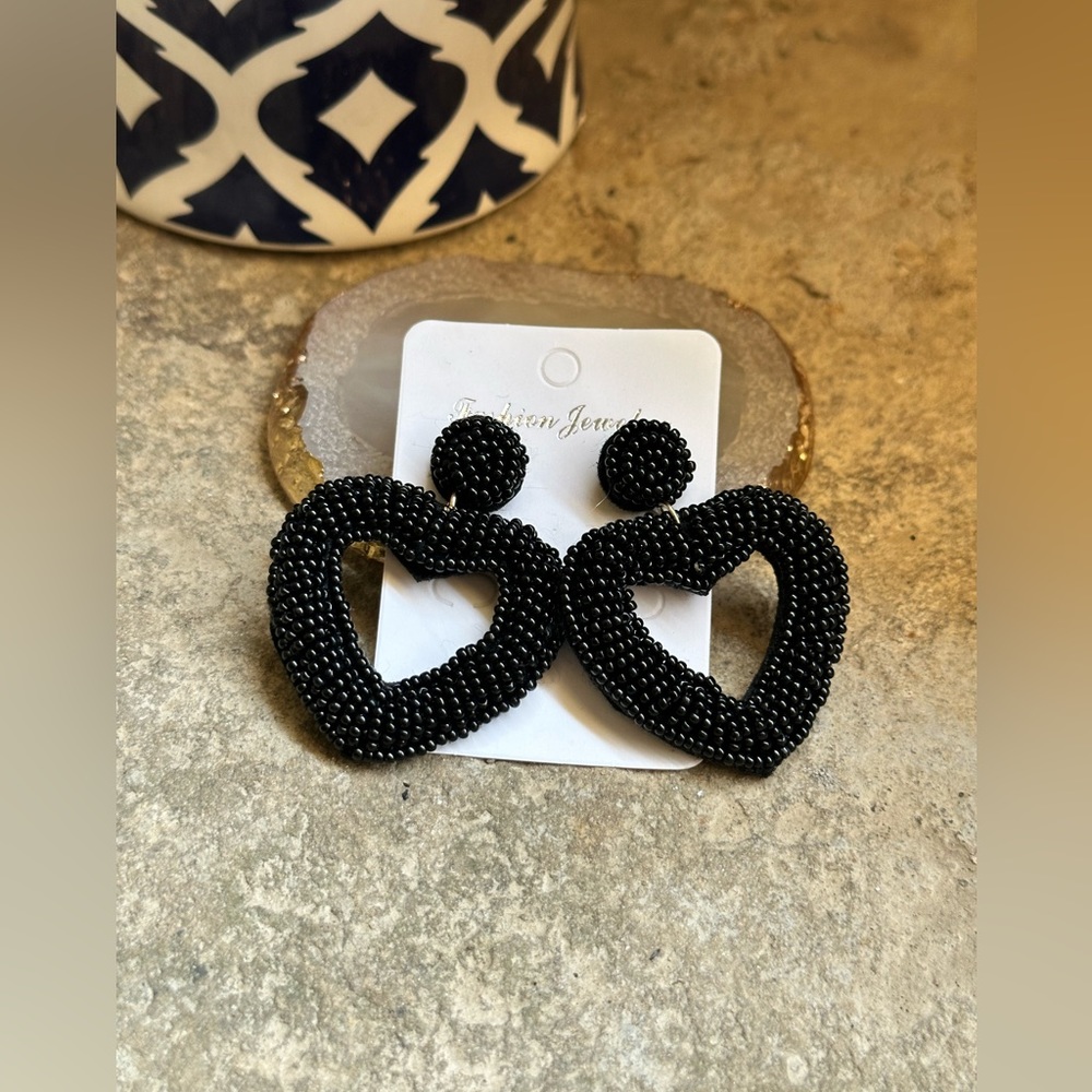 Black Beaded Heart Dangle Earrings